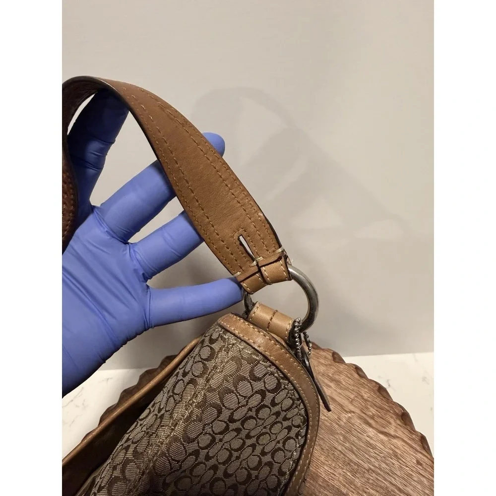 Coach Soho Flap Shoulder Bag Womens Small Brown Tan Mini Signature Canvas Buckle